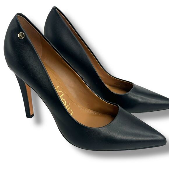 NEW Calvin Klein Pointed Toe Pumps Size 9 High Stiletto Heels Black Leather FLAW - Picture 9 of 13